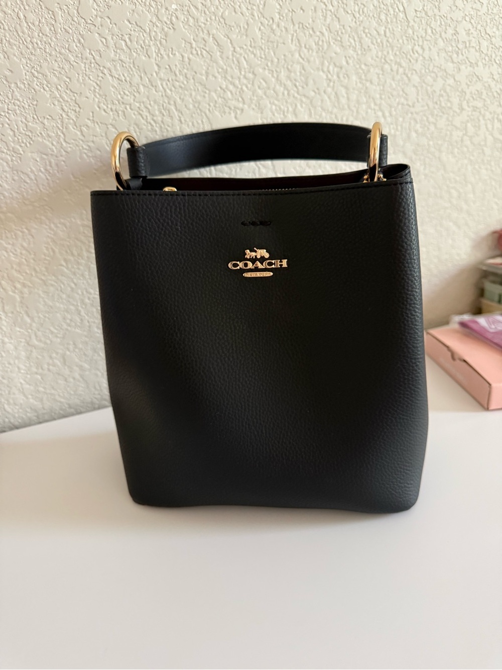 Coach Black Pebbled Leather Bucket Tote with Gold Accents